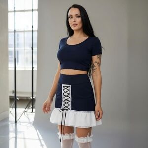 Oh Yes ✦ Navy & White Mini Skirt ✦ Lace-Up Two-Tone Frill Trim High Waist M NWT
